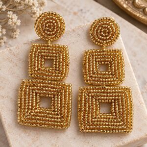 Vintage Gold Seed Bead Geometric Square Dangle Statement Earrings